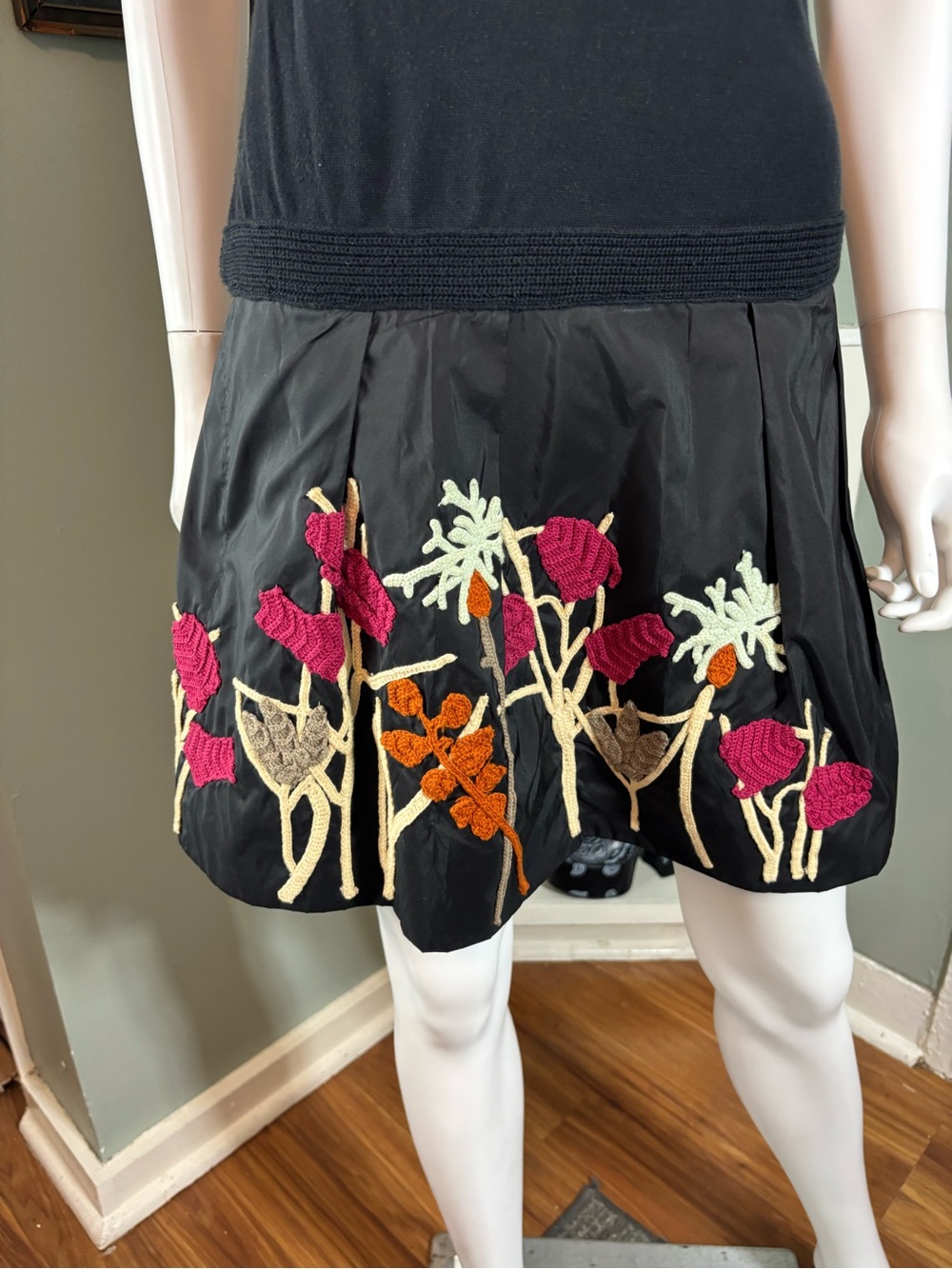 VTG Y2K Kenzo Silk Taffeta Sweater Black Mini Dress Floral Embroidered Appliqué - Picture 4 of 16